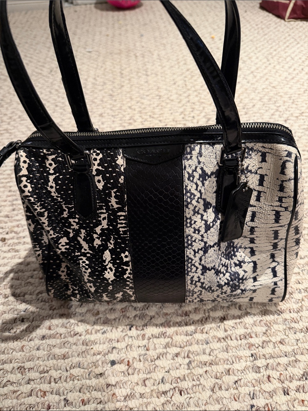 Coach “Nancy” Satchel | Snake-Embossed Leather | Black & Ivory | Structured Top